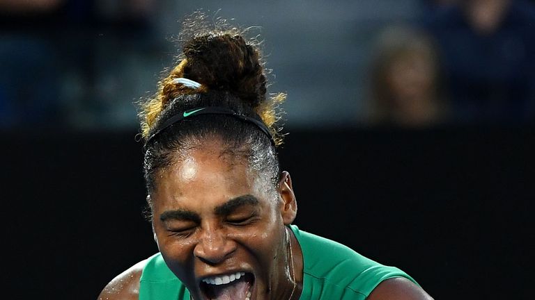 Serena Williams of the United States celebrates a point in her fourth round match against Simona Halep of Romania during day eight of the 2019 Australian Open at Melbourne Park on January 21, 2019 in Melbourne, Australia.