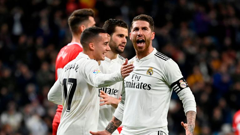 Sergio Ramos celebrates after scoring for Real Madrid against Girona