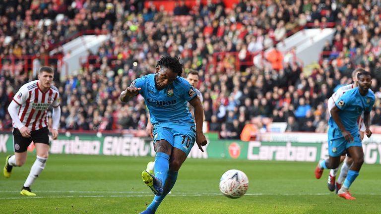 Shaquile Coulthirst of Barnet score the opening goal from a penalty during the FA Cup Third Round match between Sheffield United and Barnet at Bramall Lane on January 06, 2019 in Sheffield, United Kingdom. 