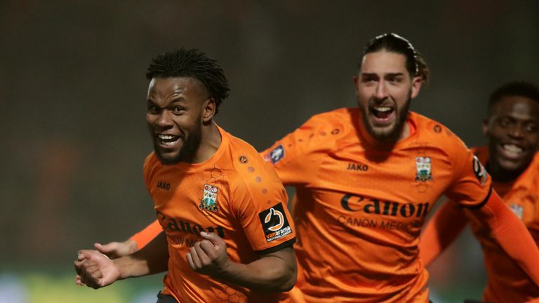 Barnet's Shaquile Coulthirst (left) celebrates scoring his side's second goal