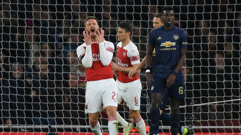 Shkodran Mustafi of Arsenal (20) reacts after a missed chance during the FA Cup Fourth Round match between Arsenal and Manchester United at Emirates Stadium on January 25, 2019 in London, United Kingdom