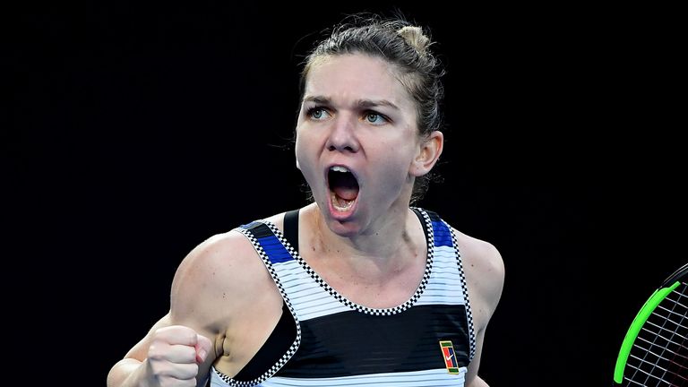 Simona Halep of Romania celebrates in her fourth round match against Serena Williams of the United States during day eight of the 2019 Australian Open at Melbourne Park on January 21, 2019 in Melbourne, Australia.