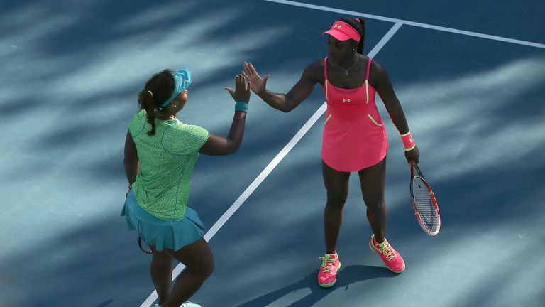 Sloane Stephens and Taylor Townsend of the USA celebrates a point in their first round doubles match against Darija Jurak of Croatia and Megan Moulton-Levy of the USA during day two of the 2015 Hobart International at Domain Tennis Centre on January 12, 2015 in Hobart, Australia
