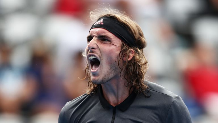Stefanos Tsitsipas of Greece celebrates winning a point in his 2nd round match against Guido Andreozzi of Argentina during day four of the 2019 Sydney International at Sydney Olympic Park Tennis Centre on January 09, 2019 in Sydney, Australia