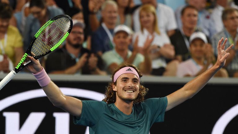 Stefanos Tsitsipas of Greece celebrates after winning match point in his third round match against Nikoloz Basilashvili of Georgia during day five of the 2019 Australian Open at Melbourne Park on January 18, 2019 in Melbourne, Australia.