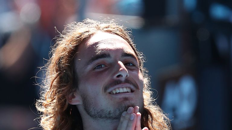 Stefanos Tsitsipas of Greece celebrates after winning his quarter final match against Roberto Bautista Agut of Spain during day nine of the 2019 Australian Open at Melbourne Park on January 22, 2019 in Melbourne, Australia