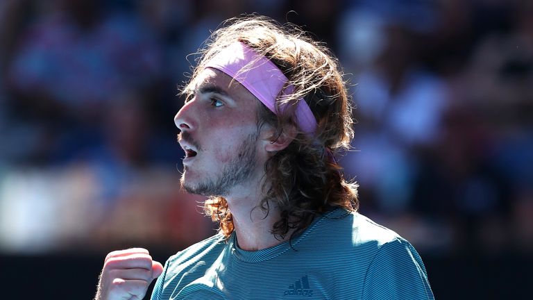 Stefanos Tsitsipas celebrates reaching the Australian Open semi-finals.