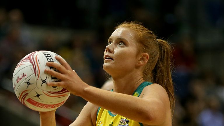 LIVERPOOL, ENGLAND - JANUARY 13:  Stephanie Wood of Australia in action during the Vitality Netball International Series match between South Africa and Australian Diamonds, as part of the Netball Quad Series at Echo Arena on January 13, 2019 in Liverpool, England. (Photo by Nigel Roddis/Getty Images)                  