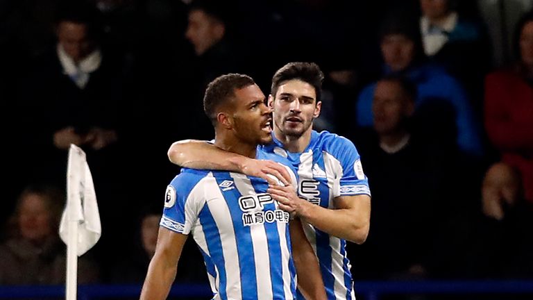 Huddersfield Town's Steve Mounie celebrates scoring