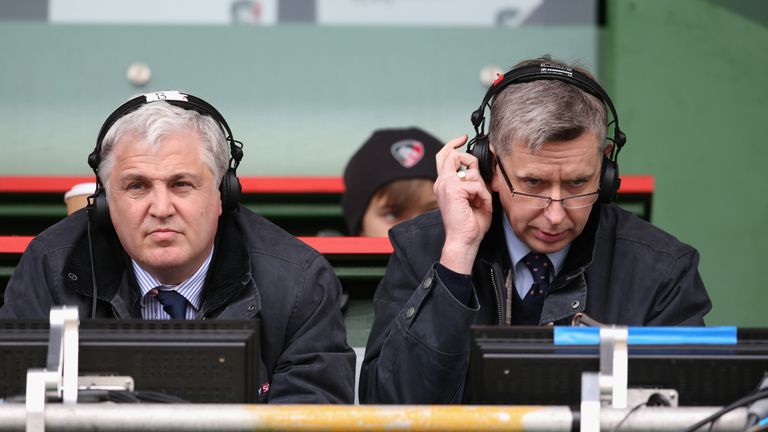 Stuart Barnes and Miles Harrison during the Aviva Premiership match between Leicester Tigers and London Wasps at Welford Road on April 14, 2013 in Leicester, England.