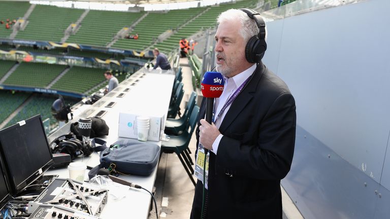 Stuart Barnes, the Sky TV rugby co commentator prior to during the European Rugby Champions Cup Semi-Final match between Leinster Rugby and Scarlets at Aviva Stadium on April 21, 2018 in Dublin, Ireland.