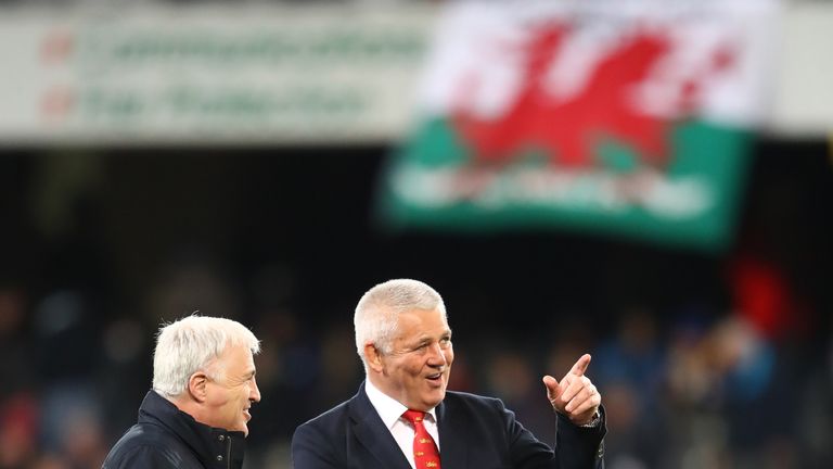 Warren Gatland the head coach of the Lions chats to Stuart Barnes of Sky Sports prior to kickoff during the 2017 British & Irish Lions tour match between the Highlanders and the British & Irish Lions at the Forsyth Barr Stadium on June 13, 2017 in Dunedin, New Zealand.