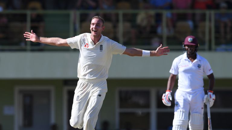 Stuart Broad celebrates taking a hat-trick in England's tour match against a CWI President's XI at Cave Hill, Barbados.