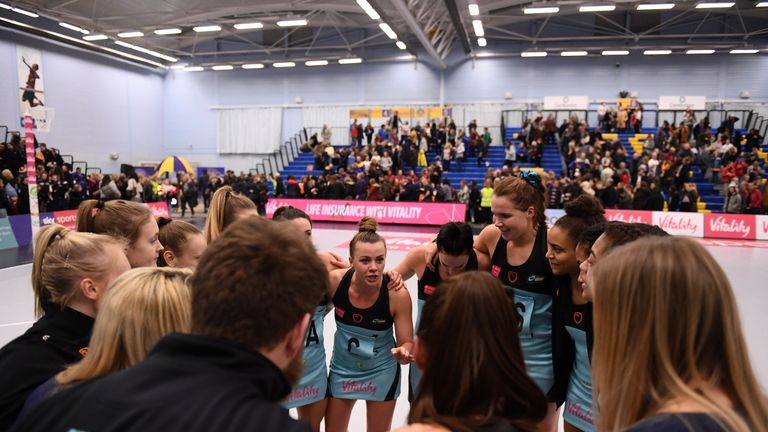 Surrey Storm Director of Netball Mikki Austin speaks to her players during their Vitality Netball Superleague match against Team Bath