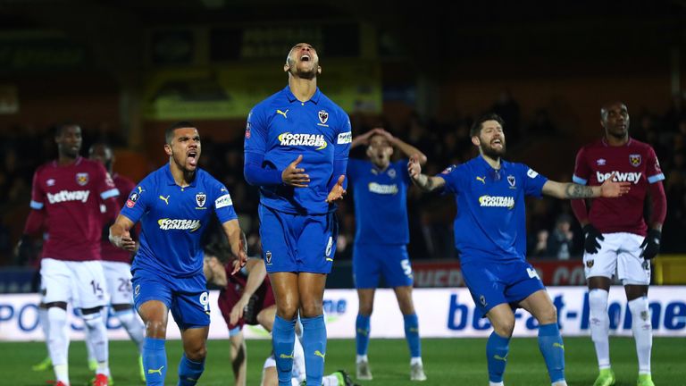 Terell Thomas of AFC Wimbledon reacts after missing a chance to score during the FA Cup Fourth Round match between AFC Wimbledon and West Ham United at The Cherry Red Records Stadium on January 26, 2019 in Kingston upon Thames, United Kingdom