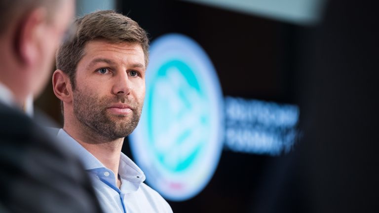 Thomas Hitzlsperger looks on during a DFB Press Conference to announce him as new Ambassador for Diversity at DFB Headquarter on May 30, 2017 in Frankfurt am Main, Germany