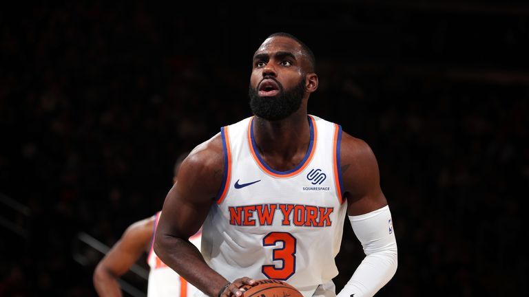 Tim Hardaway Jr. #3 of the New York Knicks shoots a free-throw agaisnt the Indiana Pacers on January 11, 2019 at Madison Square Garden in New York City, New York.