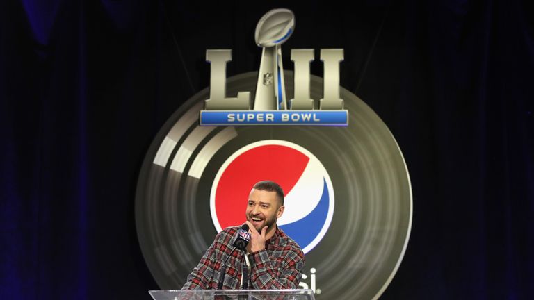 Justin Timberlake on stage at the Super Bowl half-time show press conference in 2018.