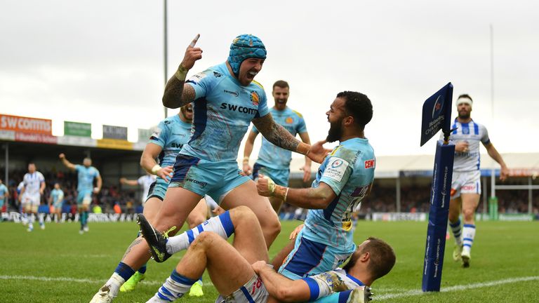 Tom O'Flaherty of Exeter Chiefs celebrates with his team mates after scoring his side's fourth and bonus point try during the Champions Cup match between Exeter Chiefs and Castres Olympique at Sandy Park on January 13, 2019 in Exeter, United Kingdom. 