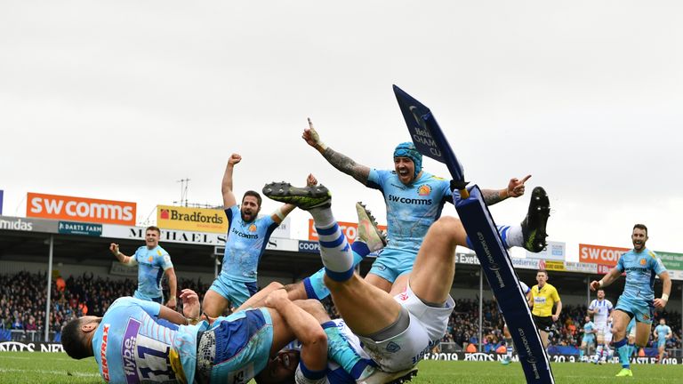  Tom O'Flaherty of Exeter Chiefs dives over to score his side's fourth and bonus point try during the Champions Cup match between Exeter Chiefs and Castres Olympique at Sandy Park on January 13, 2019 in Exeter, United Kingdom