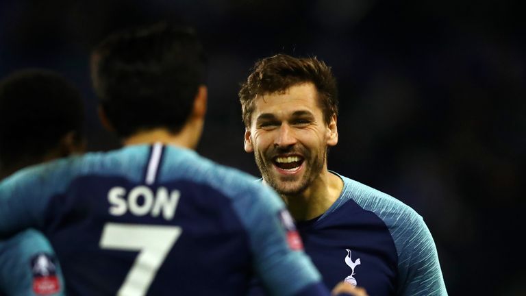 Fernando Llorente celebrates scoring Tottenham's second goal with team-mate Heung-Min Son