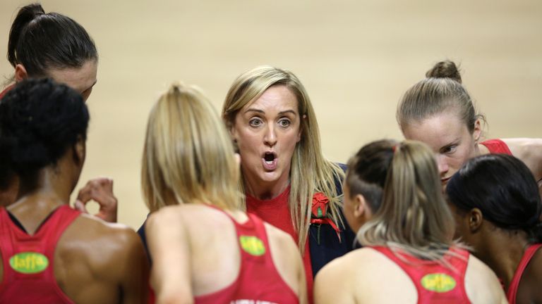 England netball head coach Tracey Neville giving her side a team talk