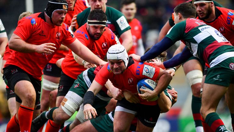 Ulster's Rory Best is tackled by Leicester's Jake Kerr at Welford Road