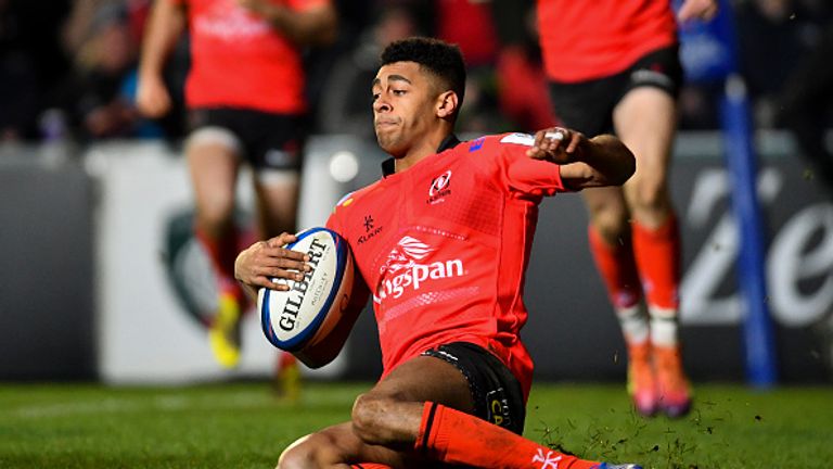 Robert Baloucoune scores Ulster's second try against Leicester at Welford Road

