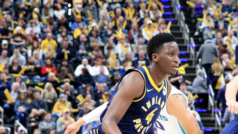 Victor Oladipo #4 of the Indiana Pacers dribbles the ball against of the Charlotte Hornets at Bankers Life Fieldhouse on January 20, 2019 in Indianapolis, Indiana.