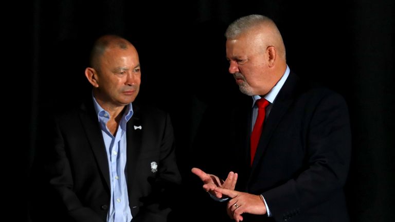 Wales&#39; Warren Gatland, and England&#39;s Eddie Jones look on during the 6 Nations Launch event at the Hurlingham Club in west London on January 23, 2019. 