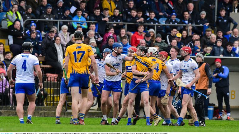 Handbags: Clare and Waterford players clash in the Munster Senior Hurling League