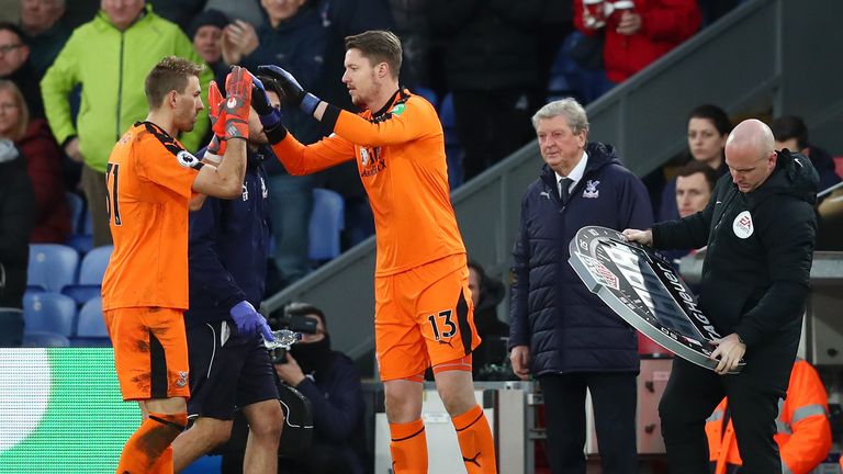 Wayne Hennessey replaces Vicente Guaita late in the first-half at Selhurst Park