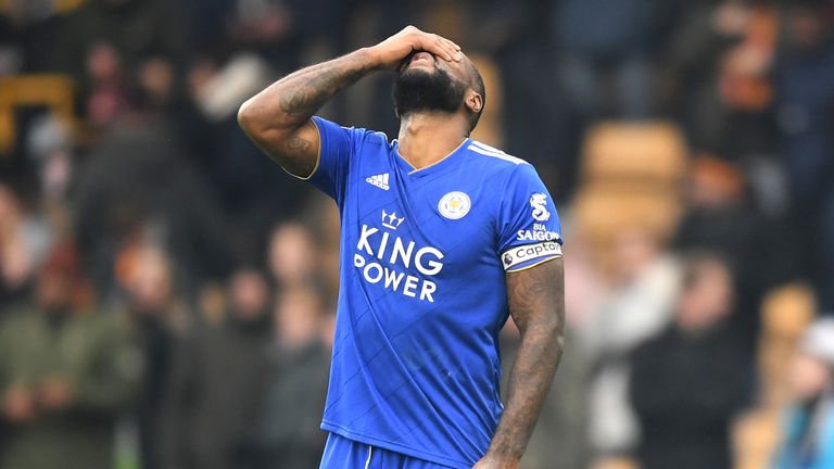 Leicester City captain Wes Morgan looks dejected during the 4-3 loss to Wolves at Molineux