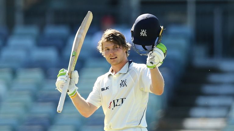 PERTH, AUSTRALIA - OCTOBER 17: Will Pucovski of Victoria celebrates his double century during day two of the Sheffield Shield match between Western Australia and Victoria at the WACA on October 17, 2018 in Perth, Australia.  (Photo by Paul Kane/Getty Images)