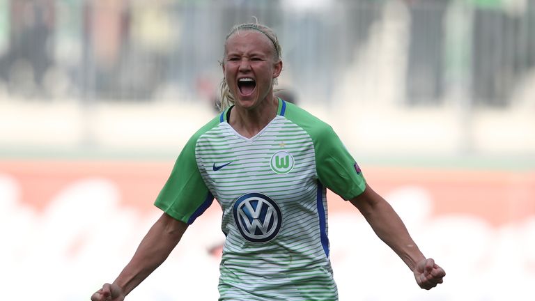 Pernille Harder of Wolfsburg celebrate after her first goal during the Women's UEFA Champions League semi final second leg match between VfL Wolfsburg and FC Chelsea at AOK Stadion on April 29, 2018 in Wolfsburg, Germany.