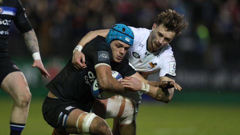 Bath's Zach Mercer is tackled by Wasps Josh Bassett during the Heineken Champions Cup match at the Recreation Ground, Bath. PRESS ASSOCIATION Photo. Picture date: Saturday January 12, 2019. See PA story RUGBYU Bath. Photo credit should read: David Davies/PA Wire. RESTRICTIONS: Editorial use only. No commercial use.