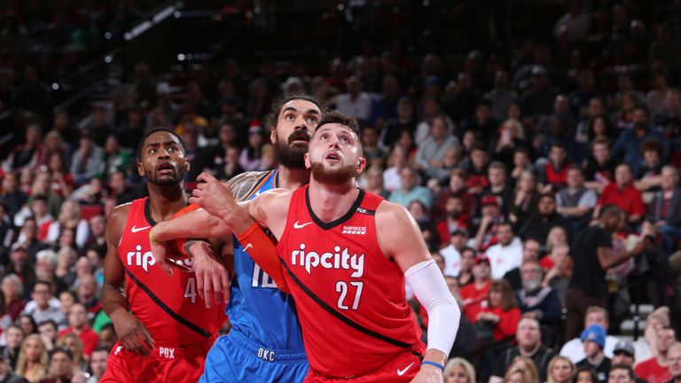 Steven Adams tangles with Portland center Jusuf Nurkic