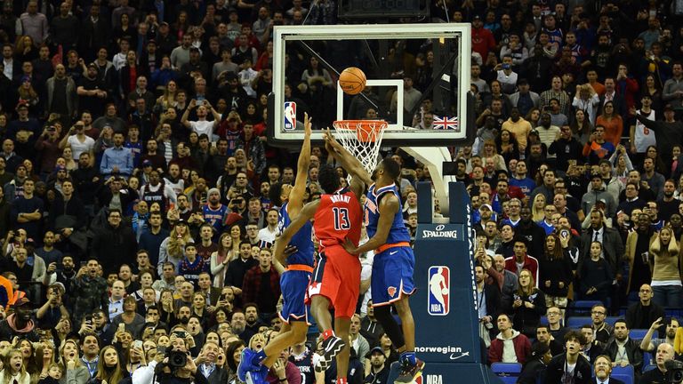 Thomas Bryant&#39;s last-second shot is rejected by Allonzo Trier who is then called for goal-tending to seal a 101-100 victory for the Washington Wizards over the New York Knicks