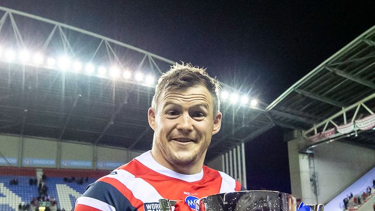 Picture by Allan McKenzie/SWpix.com - 17/02/2019 - Rugby League - World Club Challenge - Wigan Warriors v Sydney Roosters - DW Stadium, Wigan, England - Hat-trick try scorer Brett Morris with the World Club Challenge trophy.