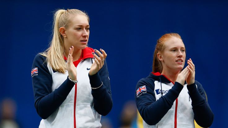 Anna Smith and doubles partner Jocelyn Rae of Great Britain show their support during day four of the Fed Cup/Africa Group One tennis at Syma Event and Congress Centre on February 7, 2015 in Budapest, Hungar