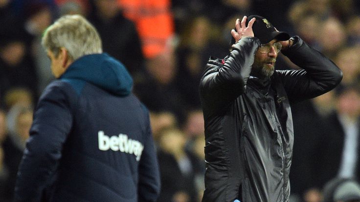 Jurgen Klopp on the touchline for Liverpool's match at West Ham