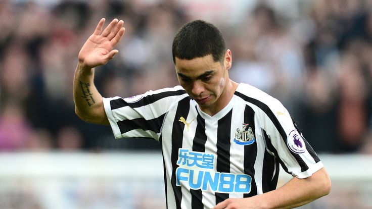 Miguel Almiron of Newcastle United shows appreciation to the fans following victory in the Premier League match between Newcastle United and Huddersfield Town at St. James Park on February 23, 2019 in Newcastle upon Tyne, United Kingdom
