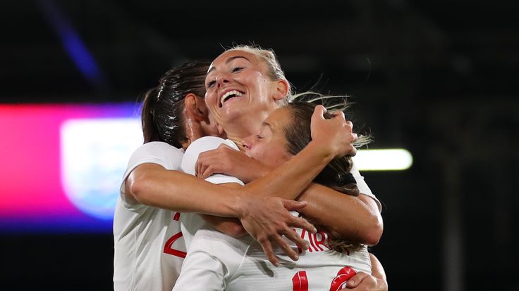 Fran Kirby of England celebrates scoring with Toni Duggan of England during the International Friendly between England Women and Australia Women at Craven Cottage on October 9, 2018 in London, England