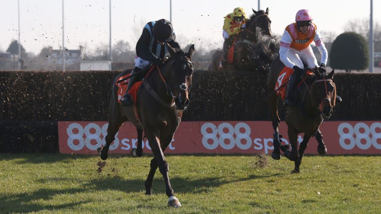 Bags Groove and Noel Fehily (left) clears the last fence before winning The 888Sport Pendil Novices... Steeple Chase Race run at Kempton Park Racecourse. PRESS ASSOCIATION Photo. Picture date: Saturday February 23, 2019. See PA story RACING Kempton. Photo credit should read: Julian Herbert/PA Wire