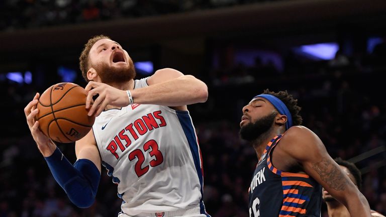 Blake Griffin appeals for a foul while shooting against the New York Knicks