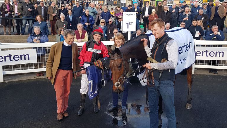 Winning trainer Caroline Bailey and jockey Jamie Moore pose with Crosspark after his win in the Eider Chase at Newcastle Racecourse. PRESS ASSOCIATION Photo. Picture date: Saturday February 23, 2019. See PA story RACING Newcastle. Photo credit should read: Nick Robson/PA Wire