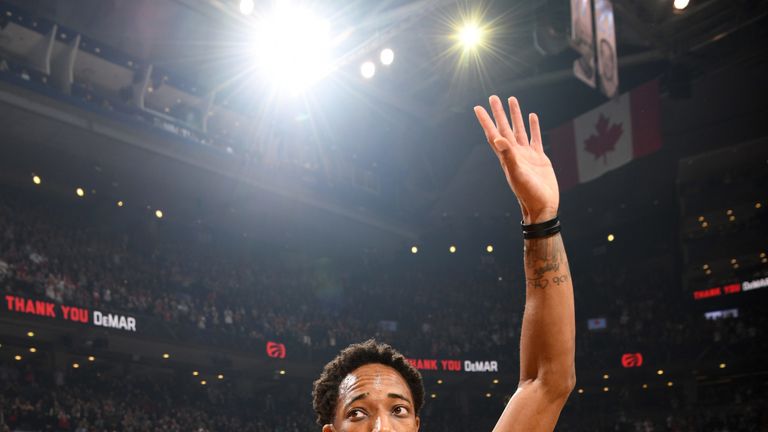 DeMar DeRozan salutes the fans of his former team, the Toronto Raptors
