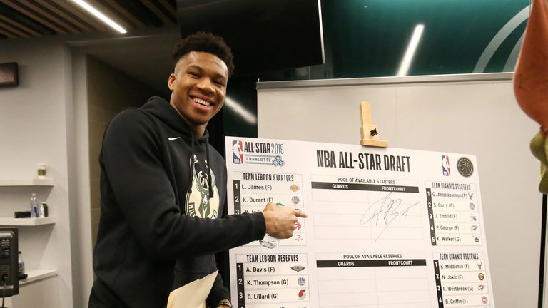 Team captain Giannis Antetokounmpo poses with his All-Star Draft board