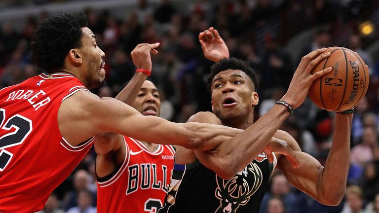 Giannis Antetokounmpo comes under pressure from the Bulls' defense