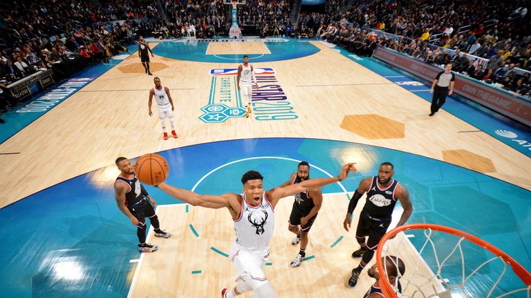 Giannis Antetokounmpo soars for a huge dunk in the All-Star Game